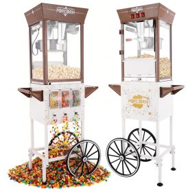12oz Commercial Popcorn Machine with Cart, 3 Control Buttons Electric Popcorn Maker, Comes with 3 Candy Storage Boxes & 3 Plastic Spoons